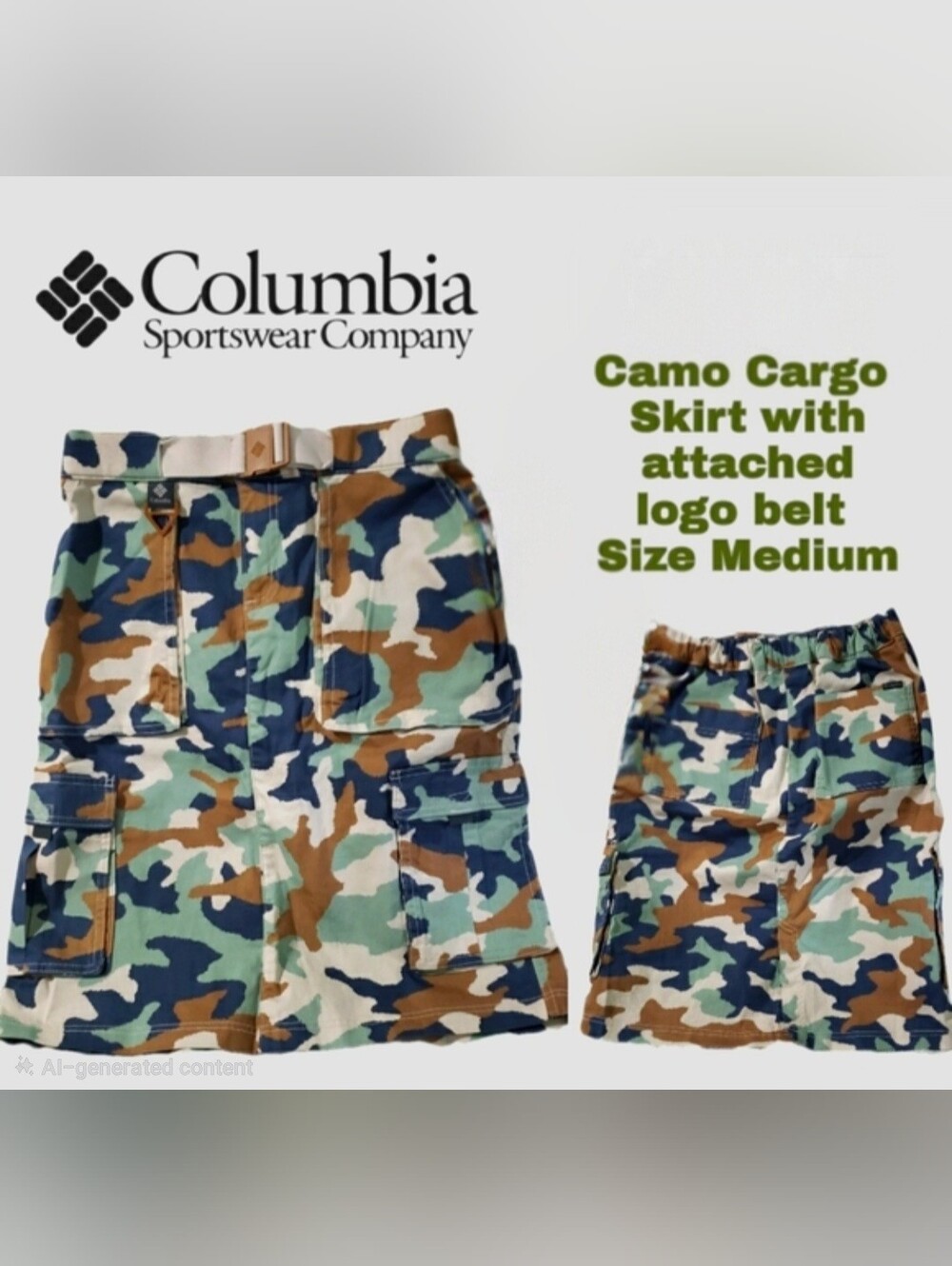 🛍New!  COLUMBIA - Camo Cargo Skirt w/attached belt, Midi-Length Size Medium